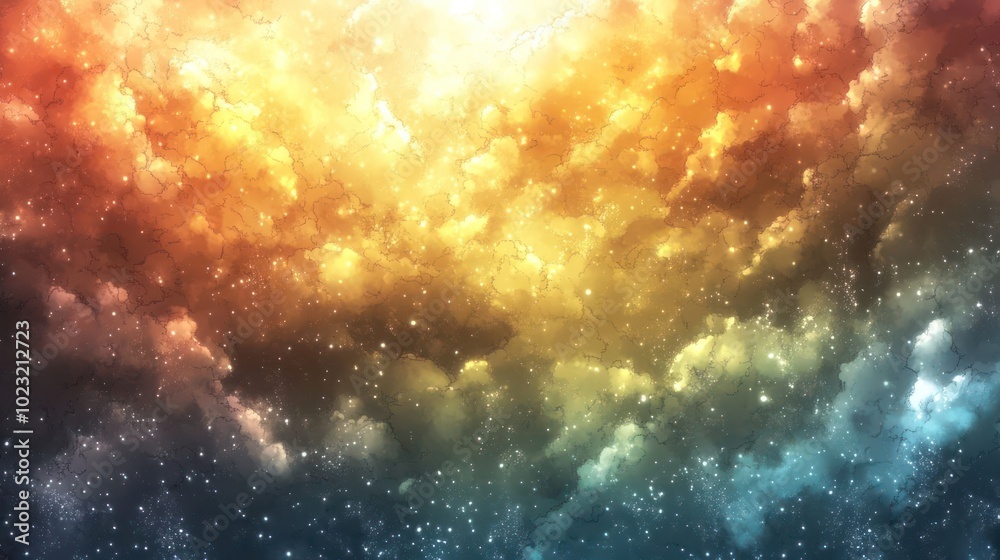 A vibrant cosmic cloudscape with hues of orange, blue, and shimmering stars. A vibrant cosmic cloudscape with hues of orange, blue, and shimmering stars.