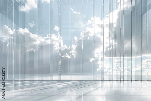 Ethereal Glass Space with Cloud Reflections and Soft Light