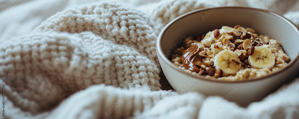 Bowl of healthy balanced diet oatmeal meal with chopped hazelnuts, peanut butter, cut banana slices and chocolate. Bowl of healthy balanced diet oatmeal meal with chopped hazelnuts, peanut butter, cut banana slices and chocolate.