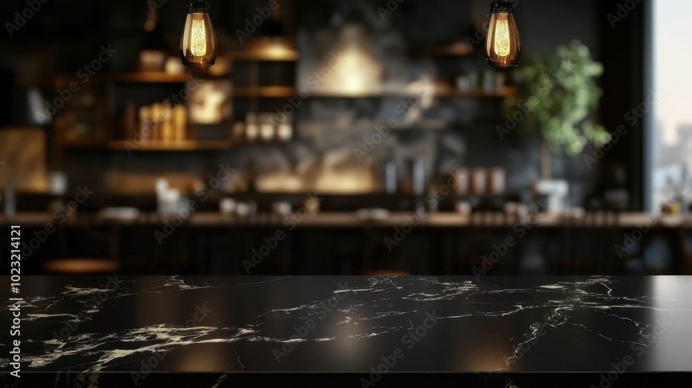 Empty white counter with a dark marble design, blurred kitchen and restaurant background filled with bokeh lighting for a clean product display Empty white counter with a dark marble design, blurred kitchen and restaurant background filled with bokeh lighting for a clean product display