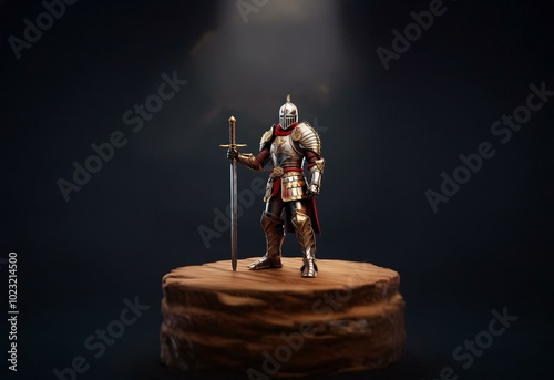 A knight in shining armor stands on a wooden platform, holding a sword, with a spotlight illuminating the scene.