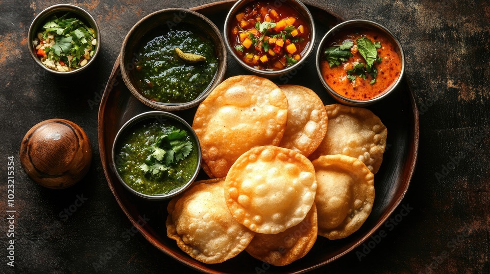 Overhead View of Pani Puris with Assorted Bowls Overhead View of Pani Puris with Assorted Bowls