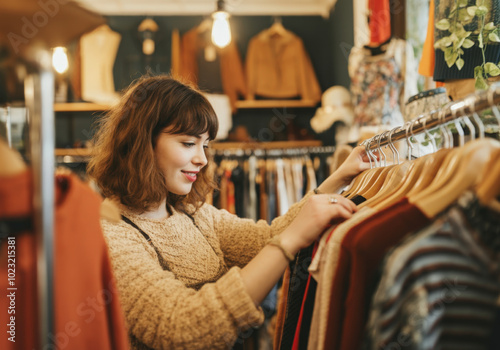 Young woman is smiling while choosing clothes in a second hand shop