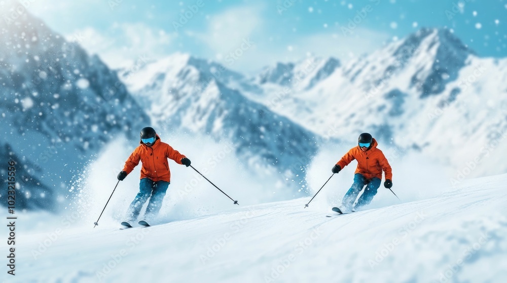 Two competitive skiers racing down a snowy mountain slope carving through the fresh powdery snow in an exhilarating winter outdoor adventure activity Two competitive skiers racing down a snowy mountain slope carving through the fresh powdery snow in an exhilarating winter outdoor adventure activity