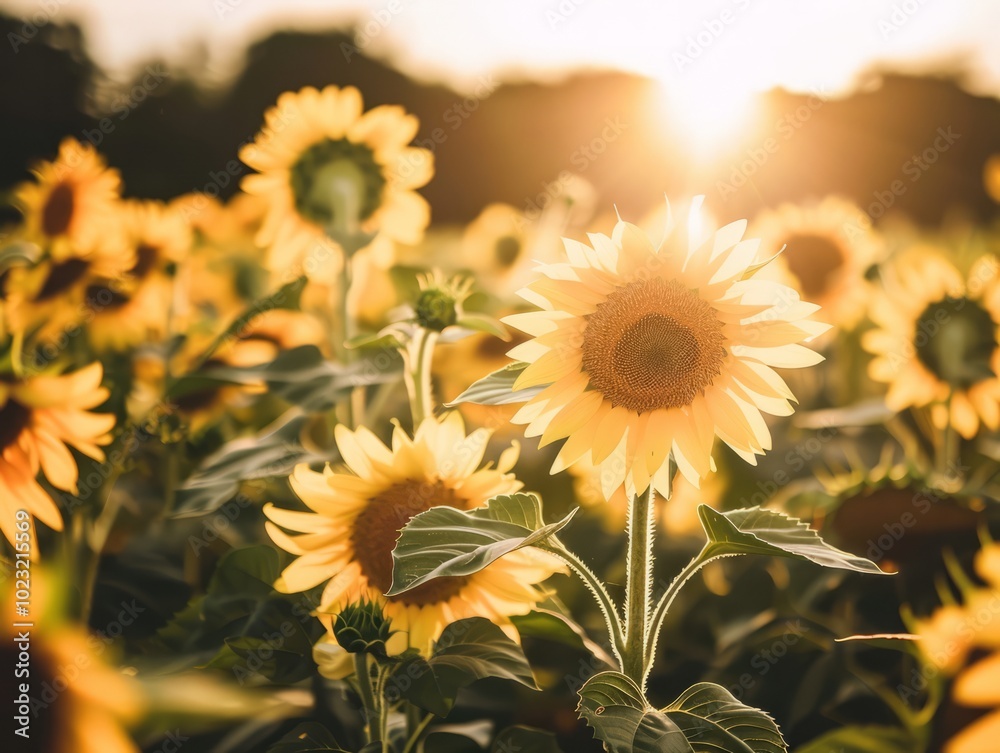 Obraz premium A vibrant field of sunflowers basks in the golden glow of the setting sun, creating a picturesque scene of natural beauty