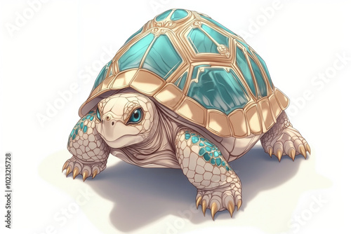 Tortoise with a Patterned Shell Peeking Out Isolated on White
 photo