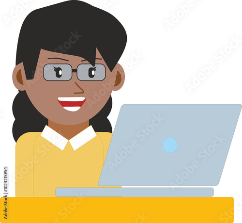 illustration of a young black woman with glasses while working or studying on a laptop computer photo