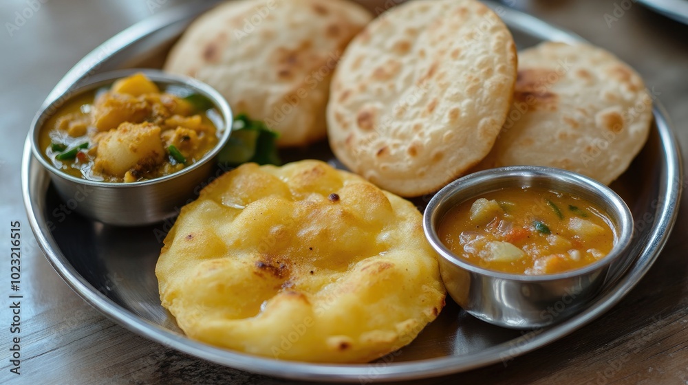 Traditional Indian Thali with Freshly Prepared Poori Traditional Indian Thali with Freshly Prepared Poori