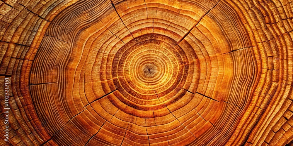 Naklejka premium Close-up of a tree trunk's cross-section, revealing a circular pattern of concentric growth rings and radial cracks, showcasing the intricate texture and history of the wood
