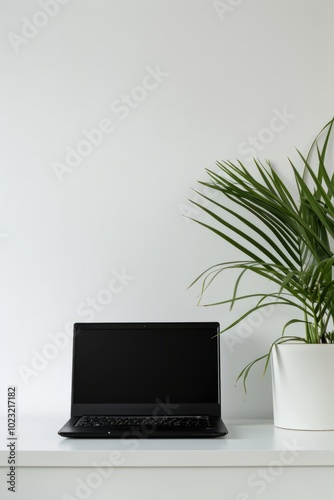 A clean workspace showcases a laptop and a lush green plant in a bright, uncluttered environment