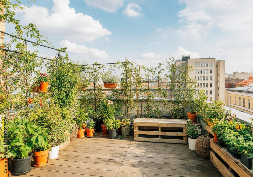 Obraz premium Lush green plants growing in pots on a sunny roof top garden with a wooden floor
