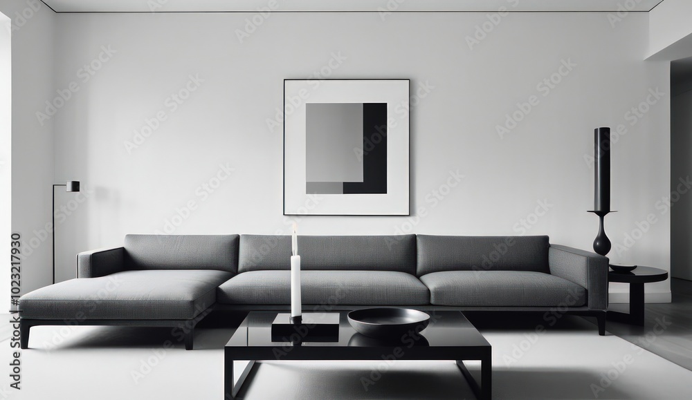 A modern Scandinavian living room with a sleek grey sofa, a coffee table with geometric shapes and a few strategically placed candles A modern Scandinavian living room with a sleek grey sofa, a coffee table with geometric shapes and a few strategically placed candles