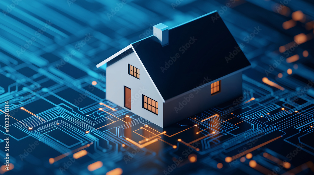Smart home security concept with a miniature house integrated into an AI system on a circuit board, showcasing advanced technology for home automation and safety Smart home security concept with a miniature house integrated into an AI system on a circuit board, showcasing advanced technology for home automation and safety