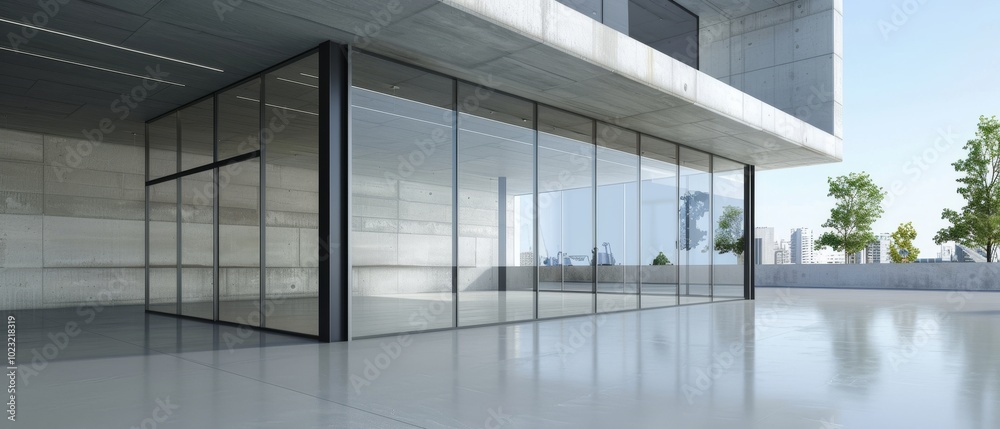 A modern building with expansive glass walls reflects the clear sky, surrounded by a minimalist concrete landscape with young trees. A modern building with expansive glass walls reflects the clear sky, surrounded by a minimalist concrete landscape with young trees.