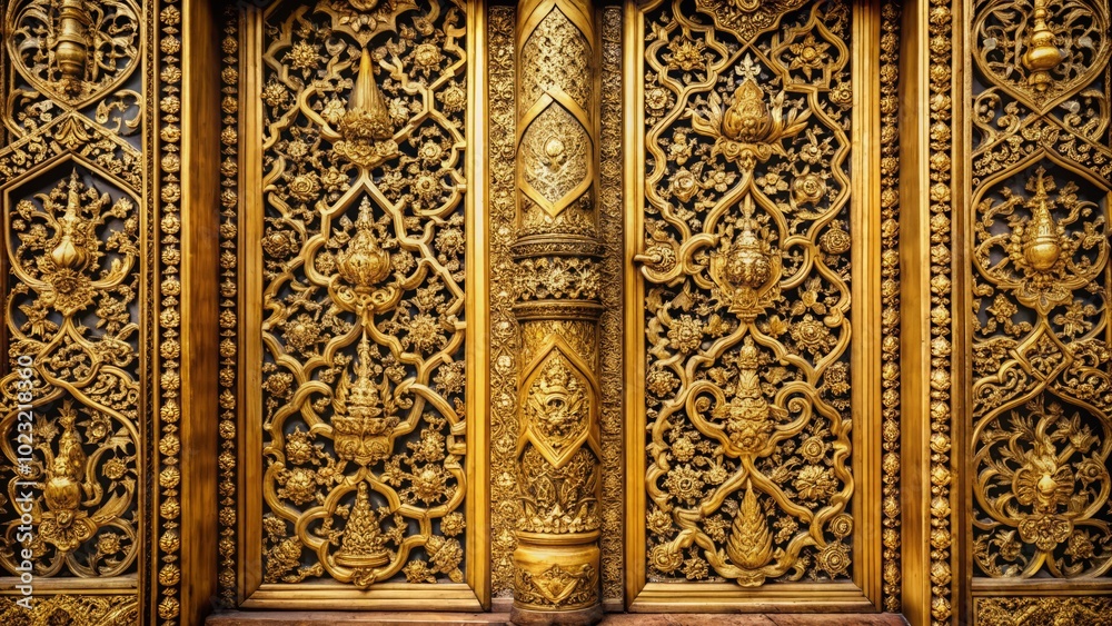 Intricate, gold filigree adorning the doors of an ancient, forgotten temple Intricate, gold filigree adorning the doors of an ancient, forgotten temple