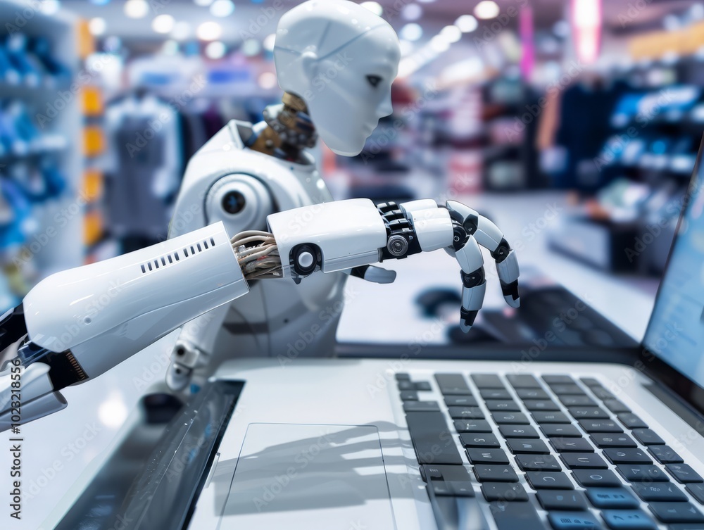 A humanoid robot uses a laptop to engage with customers in a bustling retail environment A humanoid robot uses a laptop to engage with customers in a bustling retail environment