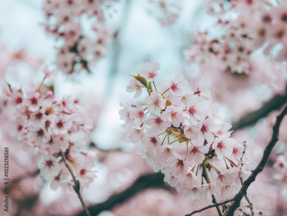 Obraz premium A stunning display of cherry blossoms fills the scene, with vibrant pink petals blooming against a tranquil background
