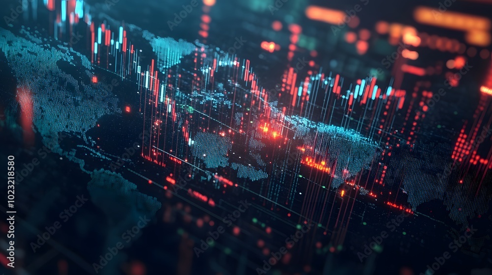 World financial hubs linked by stock market graphs on a global map World financial hubs linked by stock market graphs on a global map