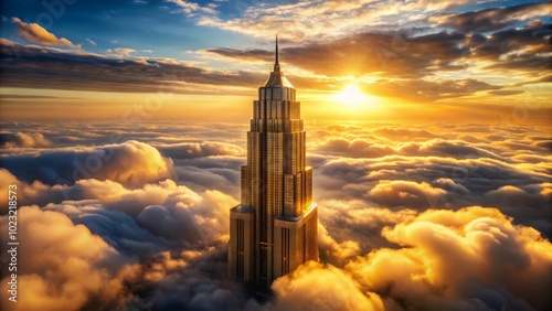 Elegant, Art Deco skyscraper piercing the clouds, bathed in golden light photo