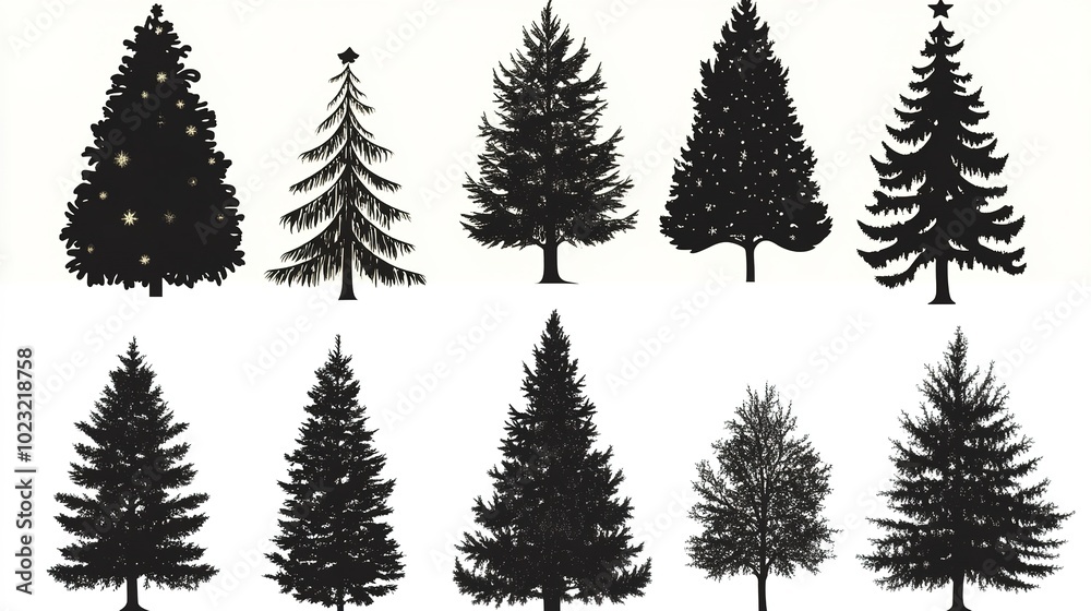 Fototapeta premium Various Christmas Tree Silhouettes on a White Background