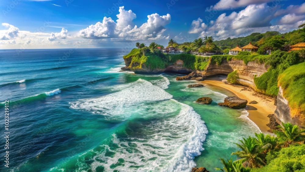 Obraz premium Beautiful view of a coastline in Bali , Bali, Indonesia, coast, ocean, tropical, paradise, palm trees, waves, vacation