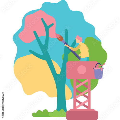 Man painting tree vector creative process icon