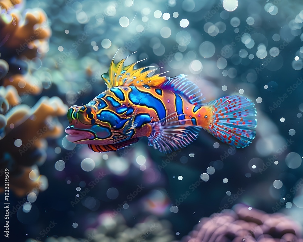 Fototapeta premium Captivating Mandarin Fish Swimming Amidst Vibrant Coral Reef and Bubbles in Underwater Fantasy Landscape