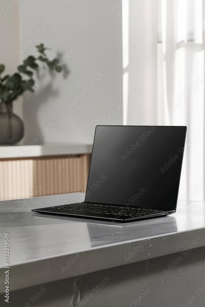 custom made wallpaper toronto digitalA sleek laptop sits on a polished table in a bright workspace, illuminated by natural light streaming through a window