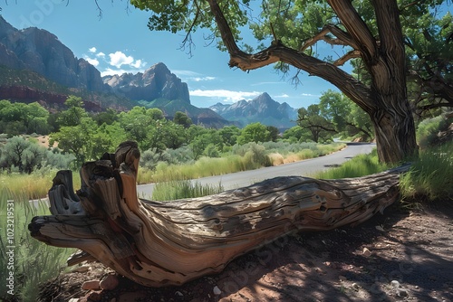 Serene Landscape of Zion National Park with Majestic Mountains and a Weathered Log