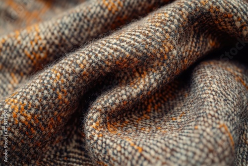 Close-up of textured fabric with a warm, woven pattern in shades of gray and orange, perfect for showcasing textile detail.