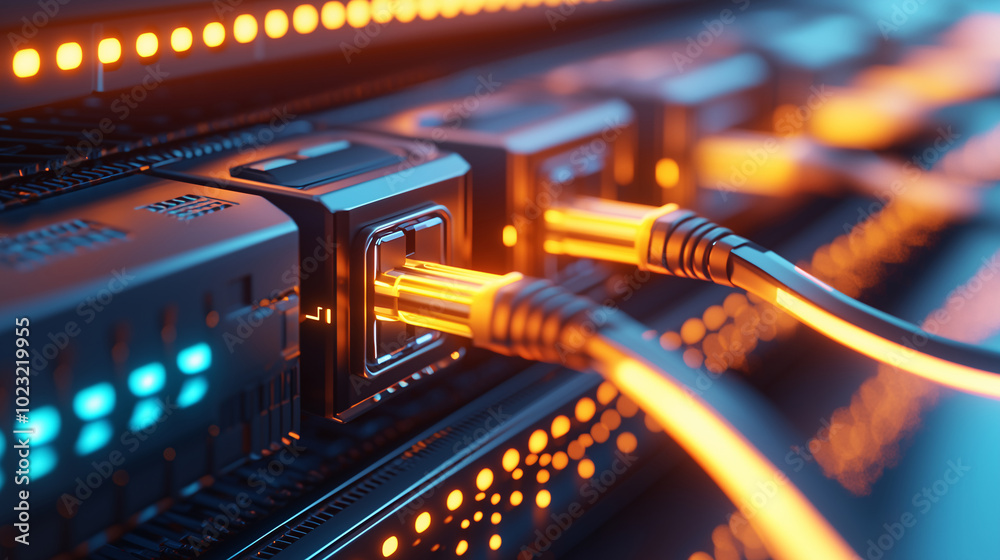 Naklejka premium Close-up of fiber optic cable terminals in a server room, showcasing advanced technology for data transmission and connectivity in a modern data center environment