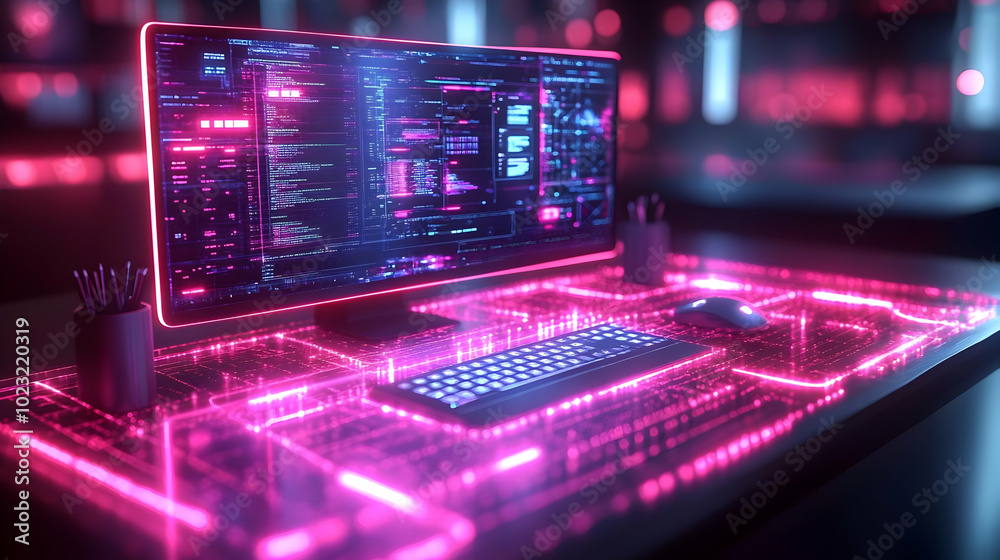 3D Icon Desk Setup Featuring Glossy Holographic Elements | Modern Remote Work Environment with High-Tech Design | Tilted View on Isolated White Background 3D Icon Desk Setup Featuring Glossy Holographic Elements | Modern Remote Work Environment with High-Tech Design | Tilted View on Isolated White Background