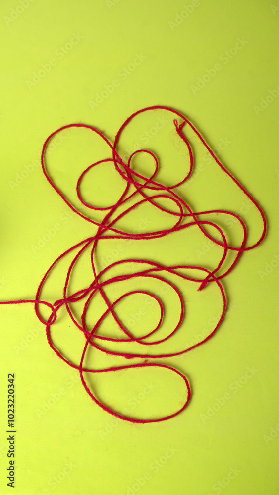 A Piece of knitting with color threads ball of yarn and a knitting needle on red background. A Piece of knitting with color threads ball of yarn and a knitting needle on red background.