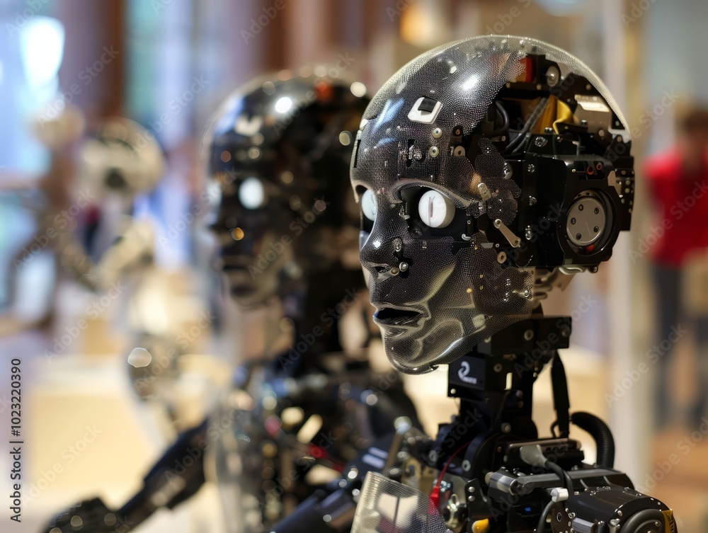 Fototapeta premium Humanoid robots on display highlight cutting-edge technology and intricate design at a museum exhibition focused on innovation