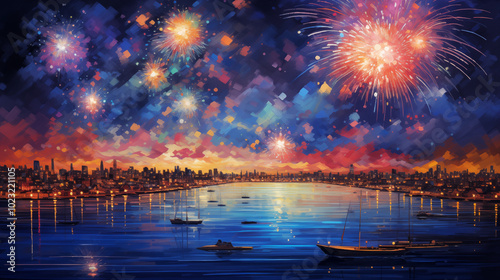 There are colorful fireworks in the night sky above the lake, and the beautiful night view is like a dream