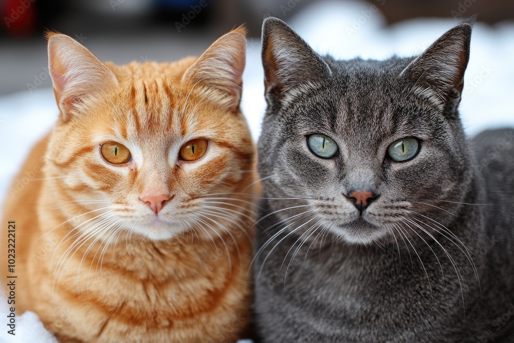 Close-up Portrait of Two Cats with Different Fur Colors