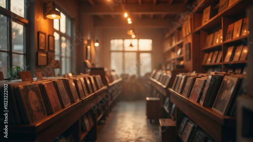 Interior of a vintage music store with a focus on vinyl records, featuring a cozy and nostalgic atmosphere