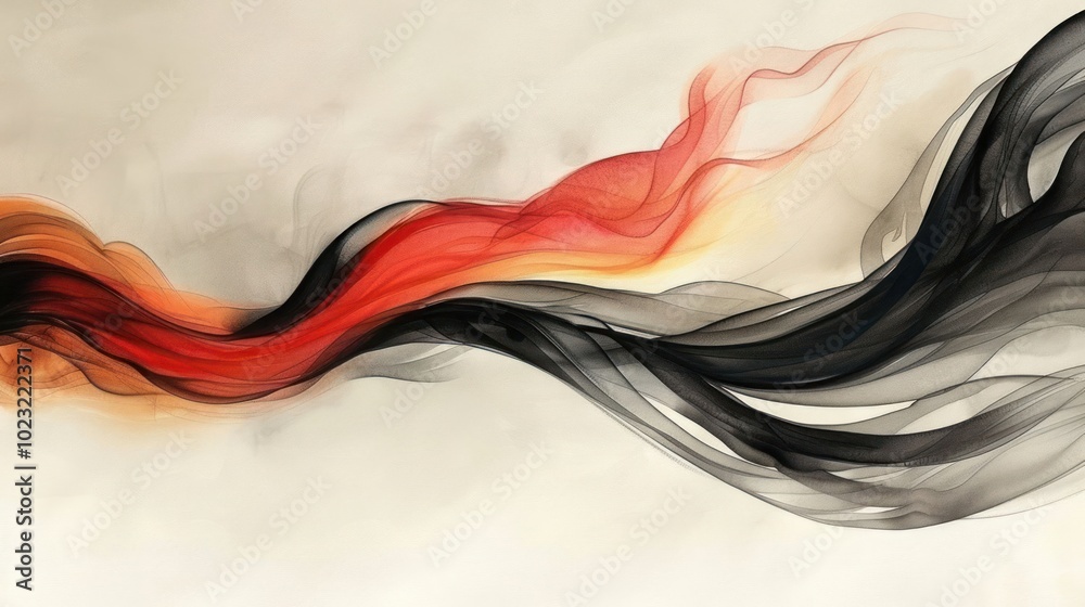 Obraz premium Abstract flowing ribbons in red, black, and orange against a light background.