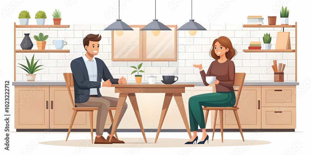 Flat Vector Illustration of a Couple Enjoying Coffee Together at a Rustic Kitchen Table - Candid Shot Capturing Warm Atmosphere and Natural Connection in a Relaxed Setting Flat Vector Illustration of a Couple Enjoying Coffee Together at a Rustic Kitchen Table - Candid Shot Capturing Warm Atmosphere and Natural Connection in a Relaxed Setting