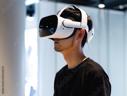 A man is engaged in a virtual reality experience, showcasing the latest technology at an interactive event