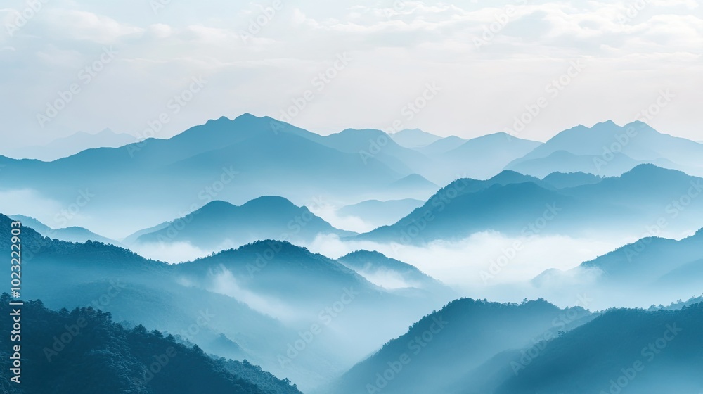 A mountain range covered in fog, with peaks and valleys disappearing into the mist. A mountain range covered in fog, with peaks and valleys disappearing into the mist.