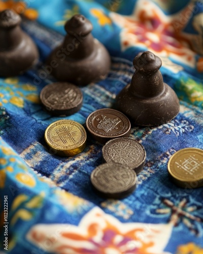 Dreidels and chocolate gelt coins placed on a traditional Hanukkah cloth photo