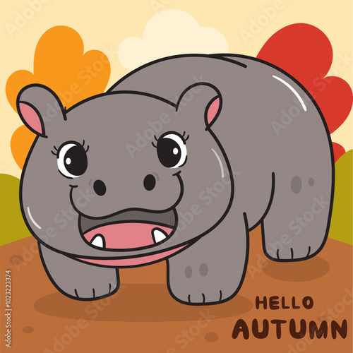 Pygmy hippo baby hippopotamus zoo cartoon in autumn season happy fall