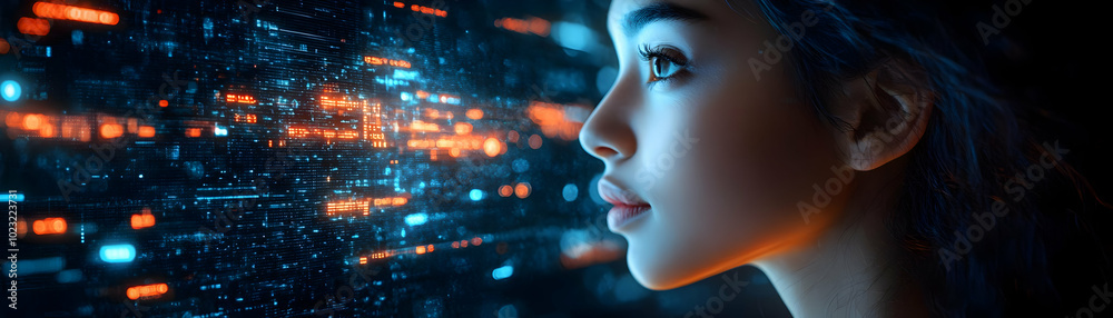 Person Engaged in a Video Call with a Glossy Digital Background; Captivating Side Profile View Showcasing Remote Communication via Laptop in Photo Stock Person Engaged in a Video Call with a Glossy Digital Background; Captivating Side Profile View Showcasing Remote Communication via Laptop in Photo Stock