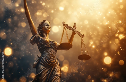 Cinematic photograph of Lady Justice holding scales, with a gold background featuring lights and a bokeh effect.