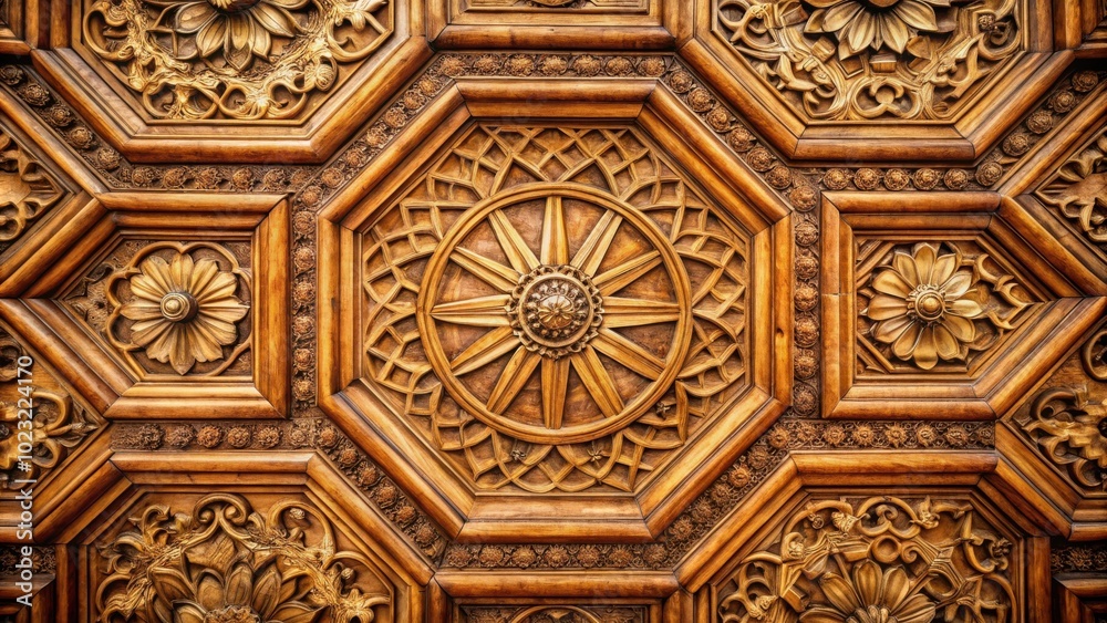 Intricate Wood Carving with Floral Motifs and Geometric Patterns on a Ceiling