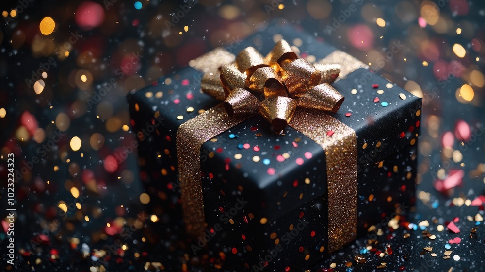 Merry Christmas and Happy New Year. Black Gift Box and Confetti on dark background. Black friday promo banner design Merry Christmas and Happy New Year. Black Gift Box and Confetti on dark background. Black friday promo banner design