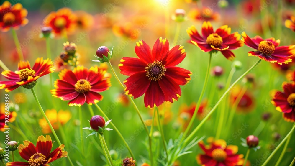 Vibrant Red and Yellow Flowers Blooming in a Meadow with Soft Sunlight Shining Through the Lush Greenery Vibrant Red and Yellow Flowers Blooming in a Meadow with Soft Sunlight Shining Through the Lush Greenery