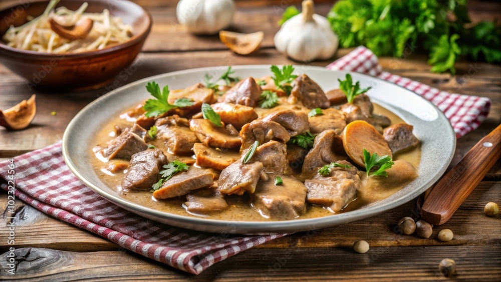 A rustic and hearty dish of braised meat with mushrooms, served on a wooden table with parsley and a red and white checkered napkin. A rustic and hearty dish of braised meat with mushrooms, served on a wooden table with parsley and a red and white checkered napkin.