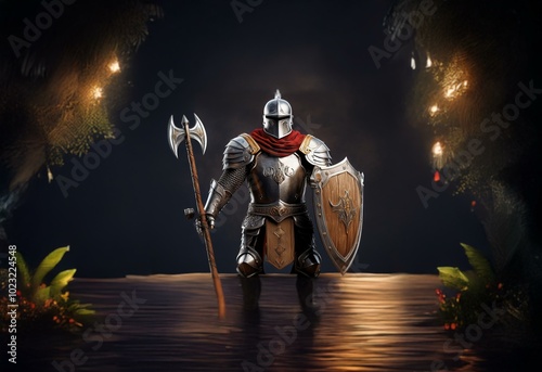 A knight in full armor stands on a wooden platform, holding a double-headed axe and a shield. photo